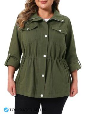 Plus Size Utility Anorak Jacket Cotton Twill Drawstring Waist with Pockets